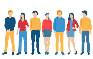 Obraz premium Set of young men and women, different colors, cartoon character, group of silhouettes of standing business people, students, the design concept of flat icon, isolated on white background
