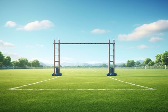 3D render of rugby field with goal posts and ball. Generative AI