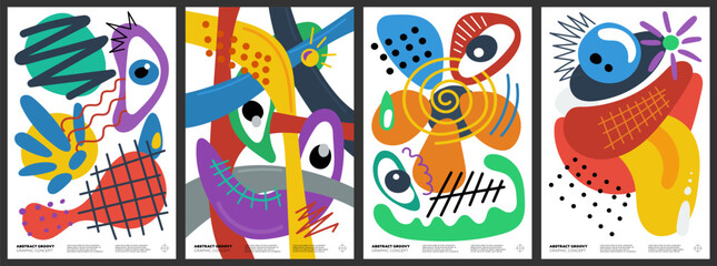 Abstract crazy groovy style freehand primitive shapes collage graphic poster concepts. Modern trendy free forms doodle print design collection. Decorative y2k art placard template. Postmodern artwork