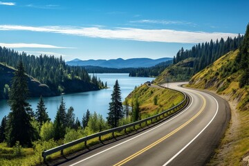 Beautiful lake view of winding Canadian road on sunny summer day. Located north of Prince George on John-Hart Highway, British Columbia. Generative AI - obrazy, fototapety, plakaty