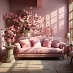 A vintage floral sofa blends in with a pink wall 
