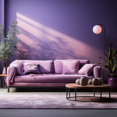  A funky purple sofa matches a lavender wall 
