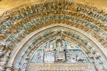 Detail of the tympanum and archivolts of the portico of the Church of Santa María la Real. Olite,...