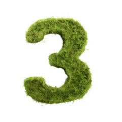 green grass forming number three, 3, alphabet text font character isolated on white in nature, growth and eco environment concept.