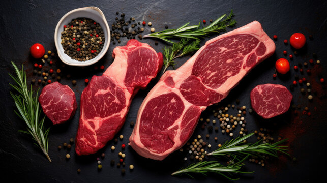 Raw steaks. Top blade steaks on wood burning board with spices, rosemary, vegetables and ingredients for cooking on black background. Top view. Copy space.