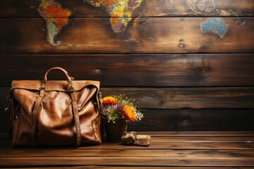 Tourism or travel concept. Leather bag, boots, hat. Generative AI