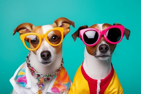 Funny dogs in sunglasses and bright clothes. Kidcore style. 