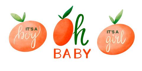 Set of label for baby shower - oh baby, it's a boy, it's a girl. Banner for print, sign, symbol