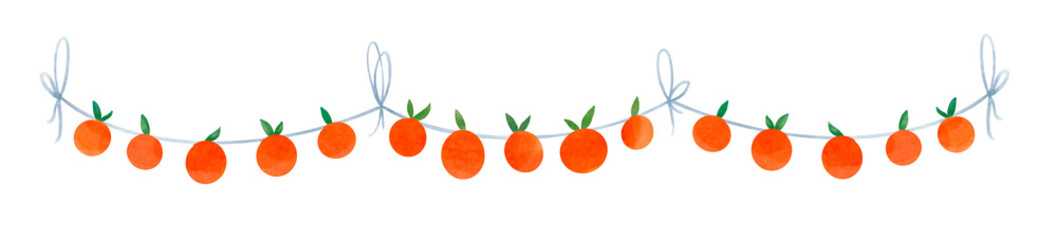 Design og orange garlands with pennants for holidays, baby shower. Digital watercolor illustration