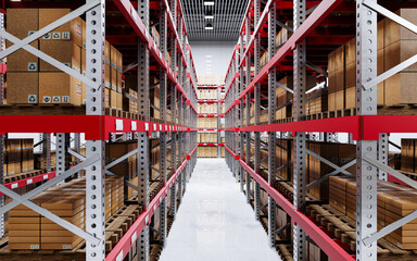 Warehouse and many parcel boxes on shelves and pallets. Stock system in the warehouse. 3d rendering