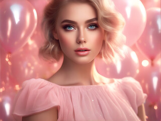 Portrait of a beautiful young woman with pink balloons. Beauty, fashion.