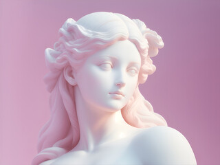 Gypsum statue of the head of beautiful woman in a pensive pose on a pink background.
