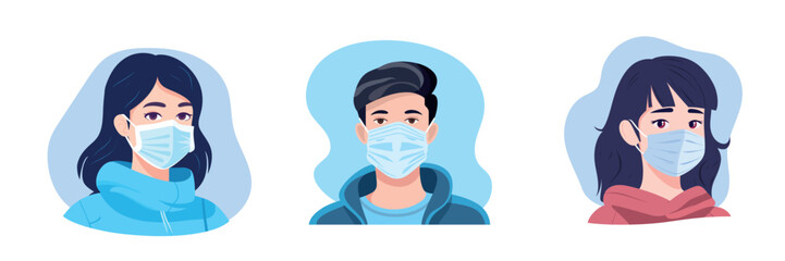 People avatars in medical masks. Flat design. Set of faces in medical masks. Vector illustration