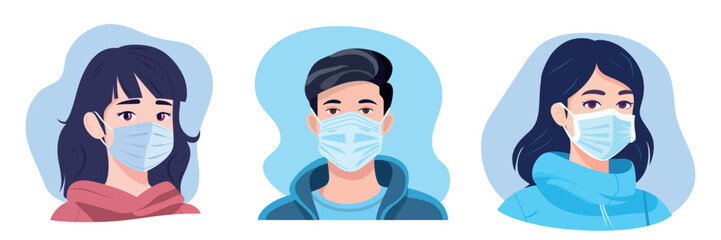 People avatars in medical masks. Flat design. Set of faces in medical masks. Vector illustration