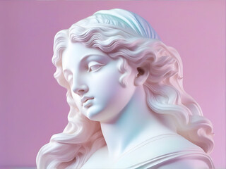 Naklejka premium Gypsum statue of the head of beautiful woman in a pensive pose on a pink background.