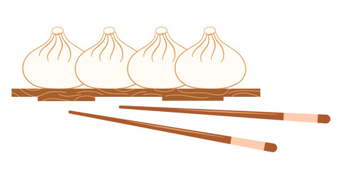 Steamed dumplings and sauce on white background. Isolated close up hand drawing vector illustration. . Vector illustration