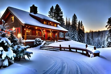 Christmas tree and house in snow