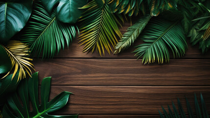 Palm tree leaves on vintage planked wood background - layout with free text space