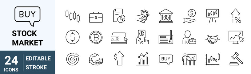 set of 24 line web icons Stock Market. Investment, finance, table, bear, bull, stock exchange, profits, trading, growth. Collection of Outline Icons. Vector illustration.