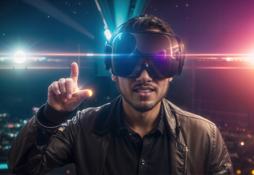 Handsome man in vr glasses, Metaverse human in reality headsets exploring VR world pointing finger, glow, lens effects, cinematic, new technologies, future entertainment, Generative A.I,