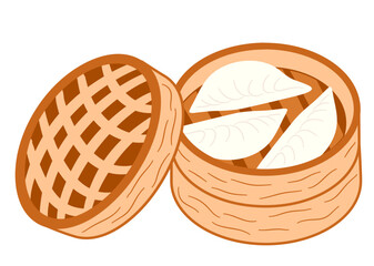Dim sum, traditional Chinese dumplings, in bamboo steamer basket. Asian food vector illustration. Vector illustration