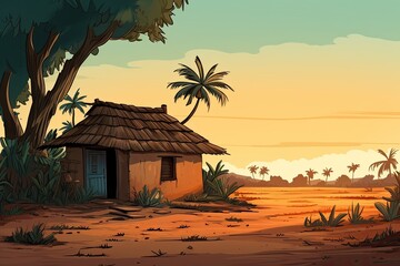little mud house at sunset with palm trees illustration - obrazy, fototapety, plakaty