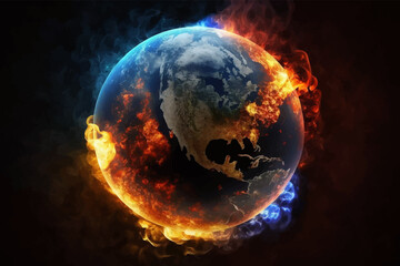 Earth in fire and smoke. Earth planet burning in fire and smoke on dark background. The concept of harm to nature. Taking care of the planet. 3D Digital illustration
