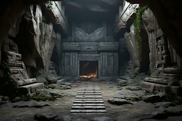 Hidden temple isolated underground with a deserted appearance, emphasized by white backdrop. Immersive 3D graphics portray an authentic atmosphere. Generative AI