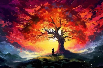 Fotobehang Man and magic old tree. Fantasy landscape with a magic tree and a man standing on a hill. Silhouette of a man on the background of a big tree. Sunset scene. Sunrise. Fairy tale. Vector illustration © Zakhariya