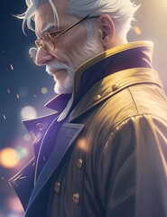 Sad Oldman Wearing French Coat, Night Bokeh Background