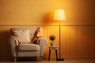 Simple floor lamp casting warm yellow light in a cozy setting with beige wall and decorative elements. Generative AI