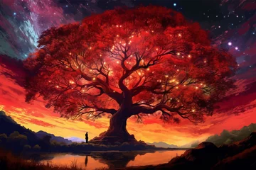 Kussenhoes Man and magic old tree. Fantasy landscape with a magic tree and a man standing on a hill. Silhouette of a man on the background of a big tree. Sunset scene. Sunrise. Fairy tale. Vector illustration © Zakhariya