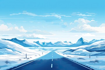 straight asphalted road in winter landscape illustration