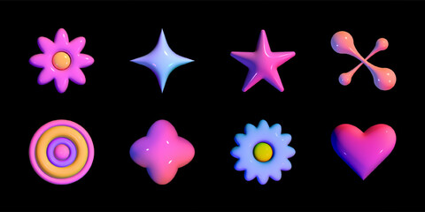 Set of cute 3d vector shapes, glossy objects, abstract decorative symbols in 2000s aesthetics.