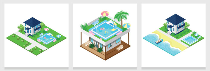Set of isometric beaches with houses, people and boats. isometric bungalows of different sizes. Summer vacation at sea. Colorful image of summer fun. Vector set of backgrounds.