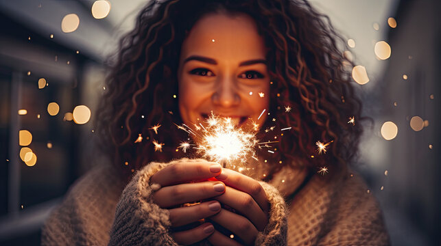 portrait of a woman in winter, a woman holding sparklers