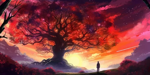 Foto op Canvas Man and magic old tree. Fantasy landscape with a magic tree and a man standing on a hill. Silhouette of a man on the background of a big tree. Sunset scene. Sunrise. Fairy tale. Vector illustration © Zakhariya