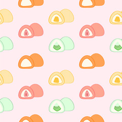 Mochi set Traditional Japanese rice dessert. Ball of rice flour with mango strawberries fruit on wooden plate