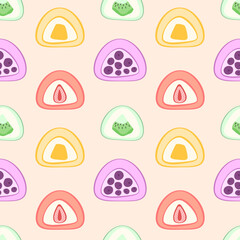 Mochi set Traditional Japanese rice dessert. Ball of rice flour with mango strawberries fruit on wooden plate