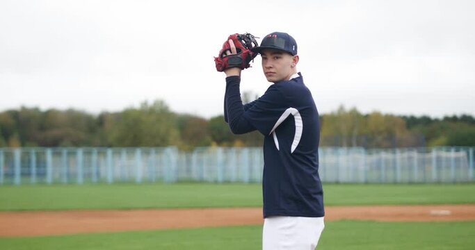 College sports, the pitcher throws the ball towards the batter, baseball game, 4k slow motion.