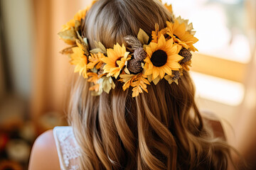 Naklejka premium portrait of a girl with a sunflowers and autumn florals