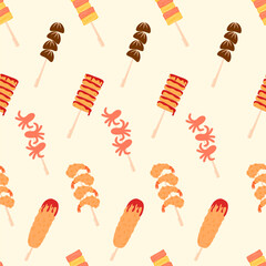 Teokbokki pattern. Korean rice cake stick in spicy sauce. Flat and doodle vector illustration