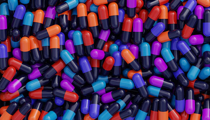 Top view of lots of bright pills. Medical supplies 3D render illustration. Medicine and healthcare concept. Heap of multicolored capsules.