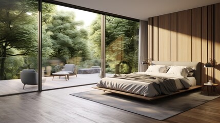 Interior of cozy minimalist bedroom in luxury villa or hotel. Decorative wall, wooden floor, comfortable bed, terrace, floor-to-ceiling windows with garden view. Ecostyle home design. 3D rendering.