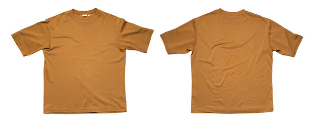 Mustard brown green t-shirt isolated on white background front and back view. With clipping path. Cut out fashionable trendy t-shirt, clothing object for design, layout, advertising, logo application.