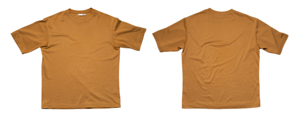 Mustard brown green t-shirt isolated on white background front and back view. With clipping path. Cut out fashionable trendy t-shirt, clothing object for design, layout, advertising, logo application.