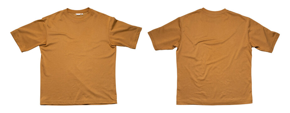 Mustard brown green t-shirt isolated on white background front and back view. With clipping path. Cut out fashionable trendy t-shirt, clothing object for design, layout, advertising, logo application. - Powered by Adobe