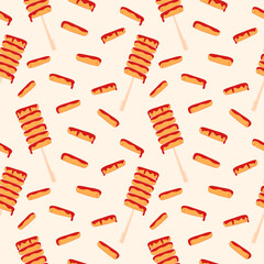 Teokbokki pattern. Korean rice cake stick in spicy sauce. Flat and doodle vector illustration