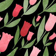 Watercolor tulip seamless pattern. Hand drawn textured pink and red flowers with stems and leaves on black background