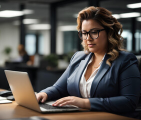 Plus size business woman work on laptop in office.  Lady manager in business suit. Office worker